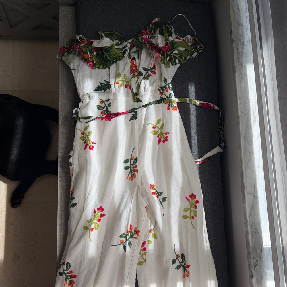 White Floral Strapless Jumpsuit with Tie Waist